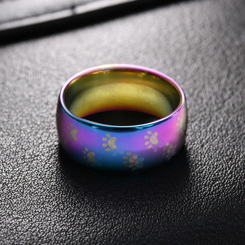 Cute Cat Dog Paw Ring Jewelry Width 8mm Stainless Steel Rainbow Rings