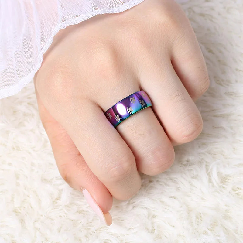 Cute Cat Dog Paw Ring Jewelry Width 8mm Stainless Steel Rainbow Rings