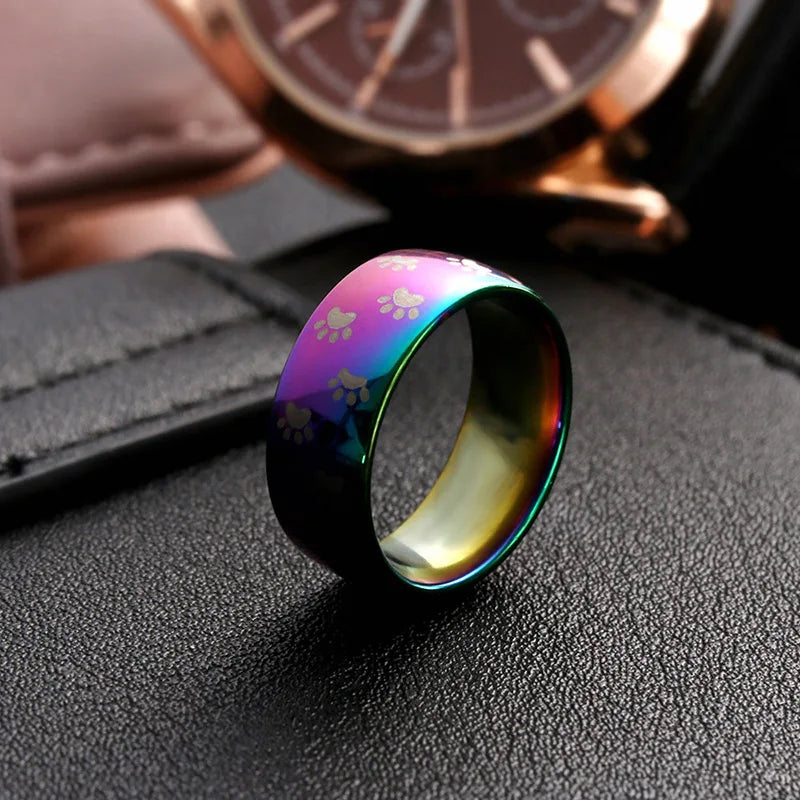 Cute Cat Dog Paw Ring Jewelry Width 8mm Stainless Steel Rainbow Rings