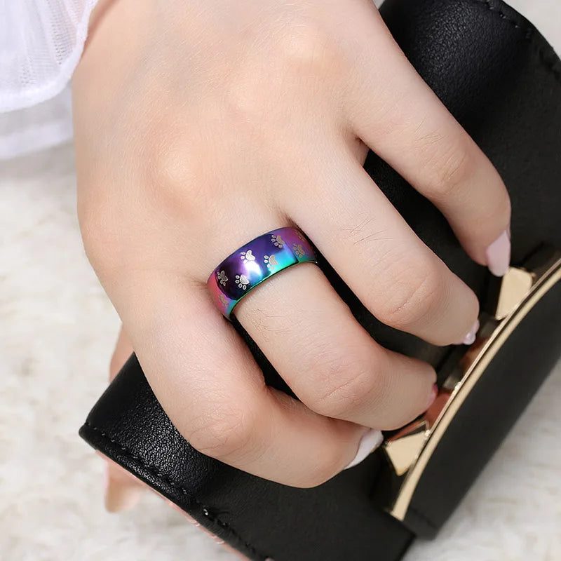 Cute Cat Dog Paw Ring Jewelry Width 8mm Stainless Steel Rainbow Rings