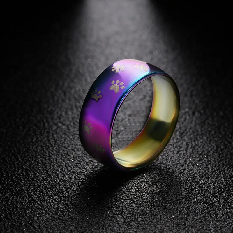Cute Cat Dog Paw Ring Jewelry Width 8mm Stainless Steel Rainbow Rings
