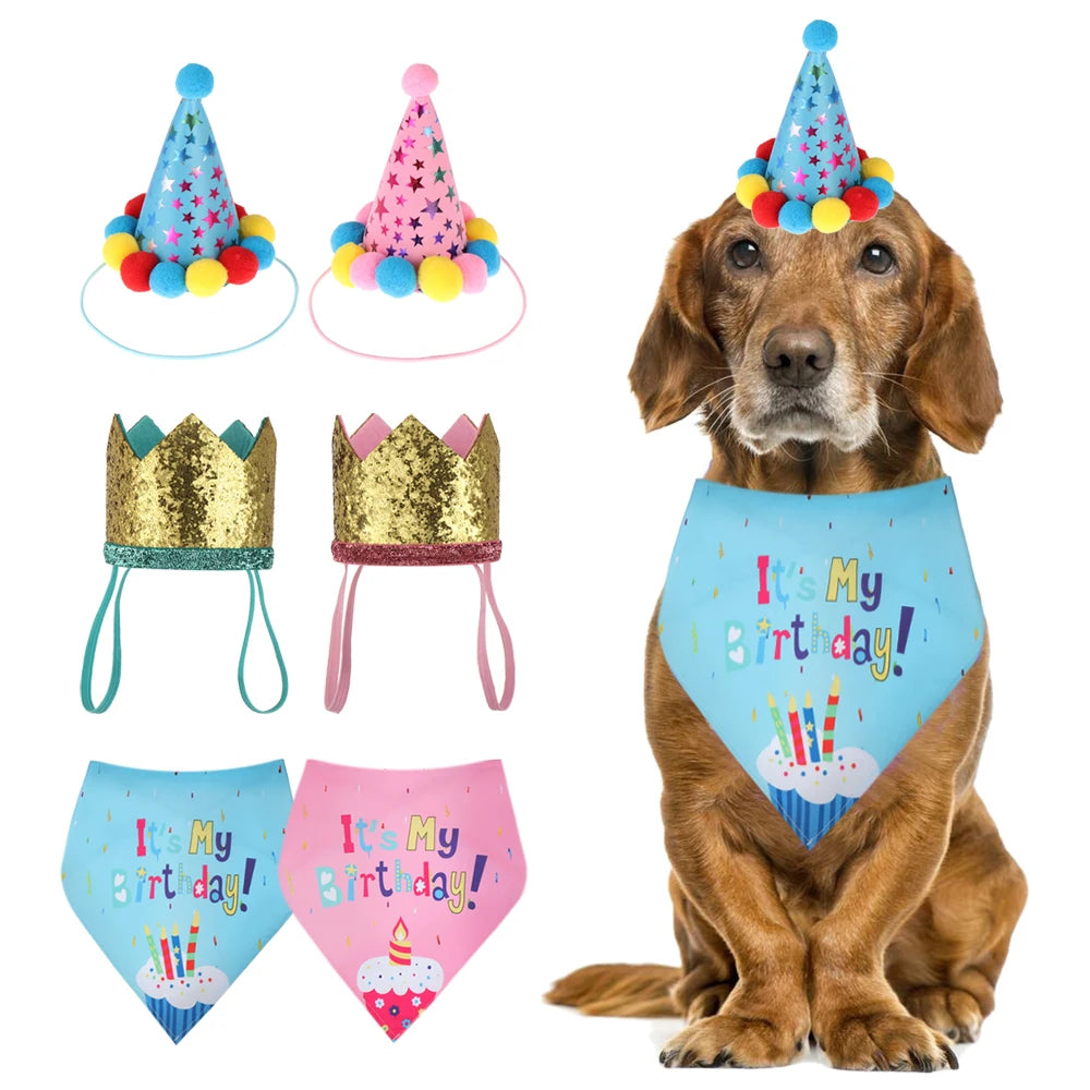 Cute Pet Birthday Caps/Bibs Design Headwear Triangle Scarf Hat Tie Collar