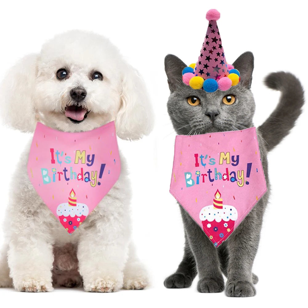 Cute Pet Birthday Caps/Bibs Design Headwear Triangle Scarf Hat Tie Collar